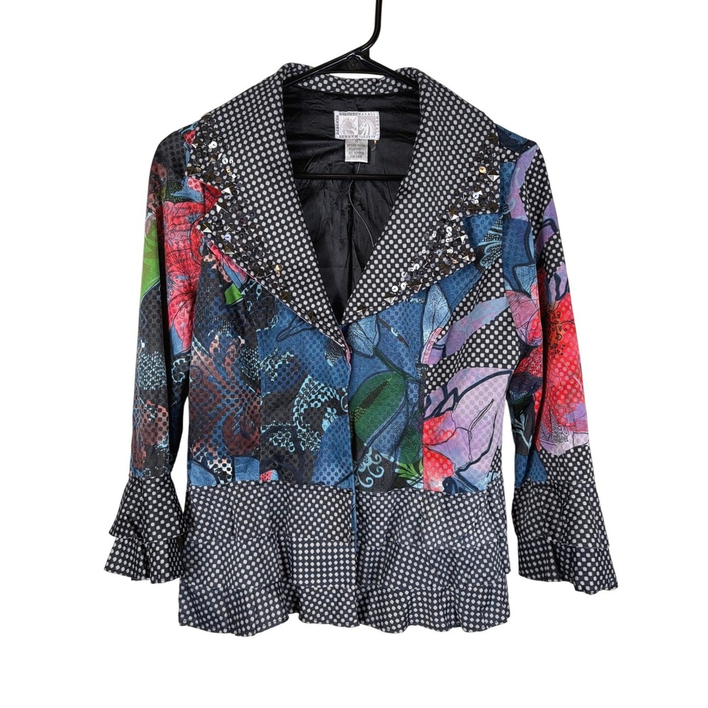 Alberto Makali Mix Print Embellished Peplum Jacket Multicolor Floral Medium NWOT